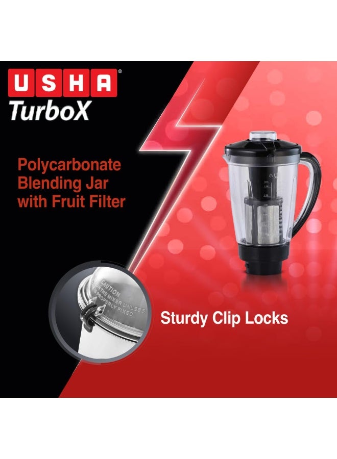 USHA 1200W TurboX Mixer Grinder | Faster and finer grinding | 100% Copper motor for long life, durability | 4 Stainless Steel Jars With Fruit Filter | 24000 rpm | 90 minutes continuous run time - Image 4